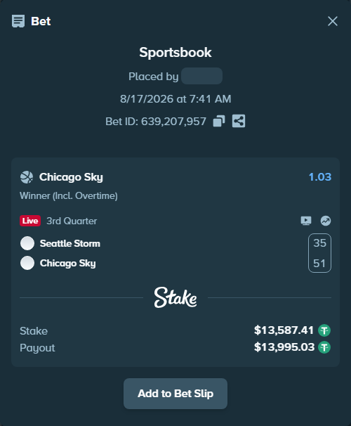 Bet slip: Seattle Storm - Chicago Sky, $13,601.00 stake at 1.03 odds, placed by Tanish98