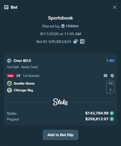 Bet slip: Seattle Storm - Chicago Sky, $143,928.77 stake at 1.80 odds, placed by Hidden