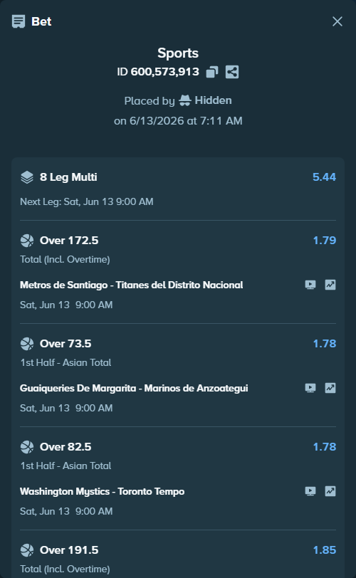 Bet slip: Seattle Storm - Golden State Valkyries, $14,421.00 stake at 1.74 odds, placed by Hidden