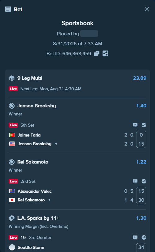 Bet slip: Seattle Storm - Los Angeles Sparks, $64,900.30 stake at 1.30 odds, placed by JanSilas