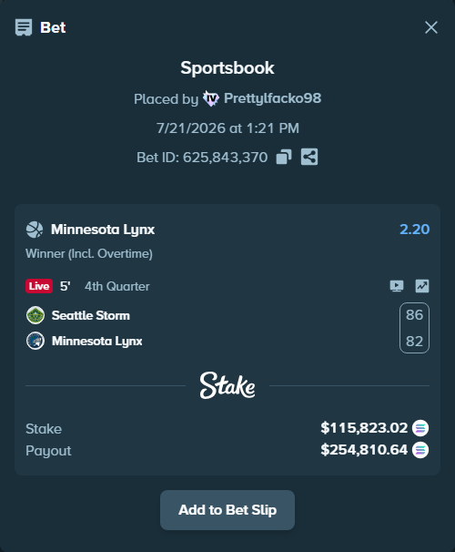 Bet slip: Seattle Storm - Minnesota Lynx, $107,567.46 stake at 2.20 odds, placed by Prettylfacko98
