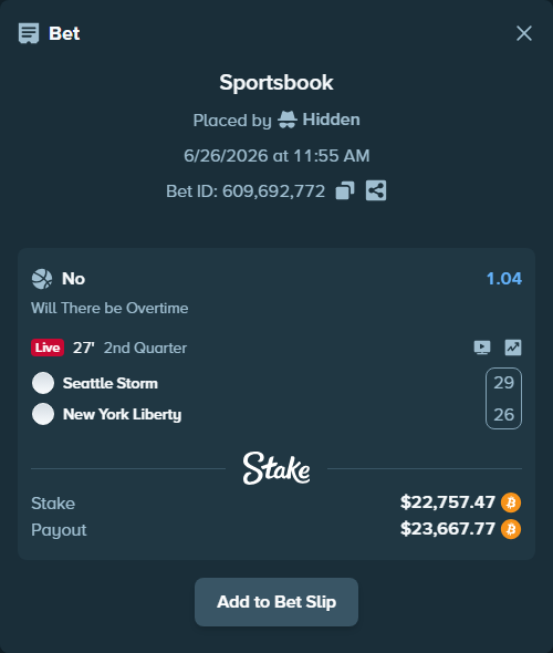 Bet slip: Seattle Storm - New York Liberty, $23,462.81 stake at 1.04 odds, placed by Hidden