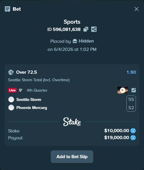 Bet slip: Seattle Storm - Phoenix Mercury, $10,000.00 stake at 1.90 odds, placed by Hidden