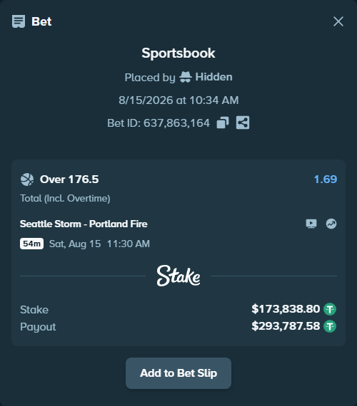 Bet slip: Seattle Storm - Portland Fire, $174,012.64 stake at 1.69 odds, placed by Hidden