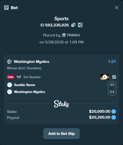 Bet slip: Seattle Storm - Washington Mystics, $20,000.00 stake at 1.01 odds, placed by Hidden