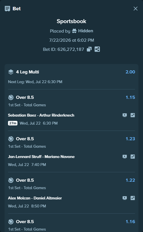 Bet slip: Sebastian Baez - Arthur Rinderknech, $100,100.00 stake at 1.15 odds, placed by Hidden