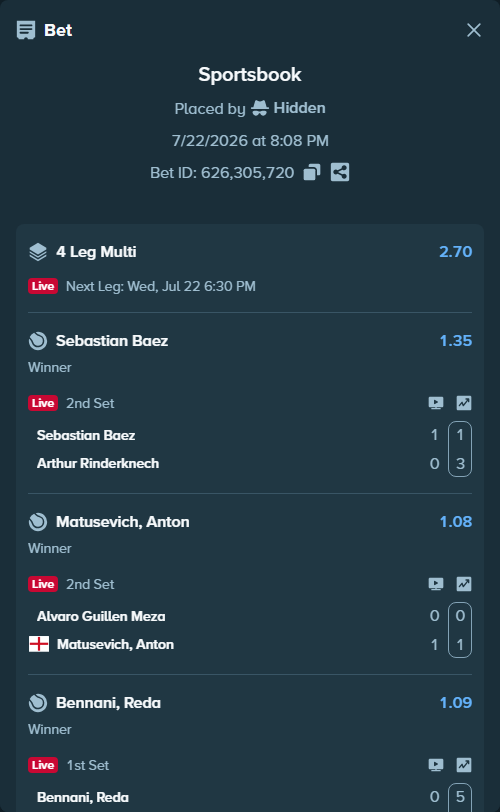 Bet slip: Sebastian Baez - Arthur Rinderknech, $11,322.00 stake at 1.35 odds, placed by Hidden