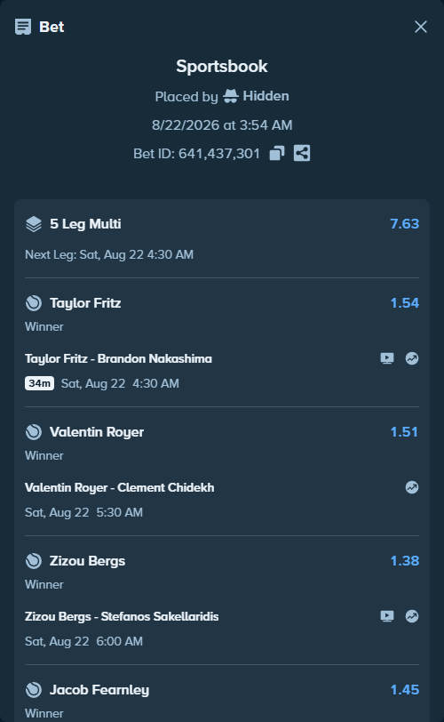 Bet slip: Sebastian Baez - Coleman Wong, $10,000.00 stake at 1.64 odds, placed by Hidden