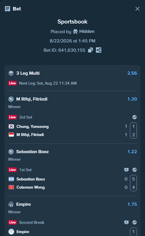 Bet slip: Sebastian Baez - Coleman Wong, $13,183.00 stake at 1.22 odds, placed by Hidden