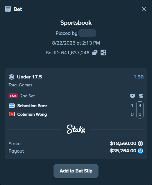 Bet slip: Sebastian Baez - Coleman Wong, $18,560.00 stake at 1.90 odds, placed by kuwkuw