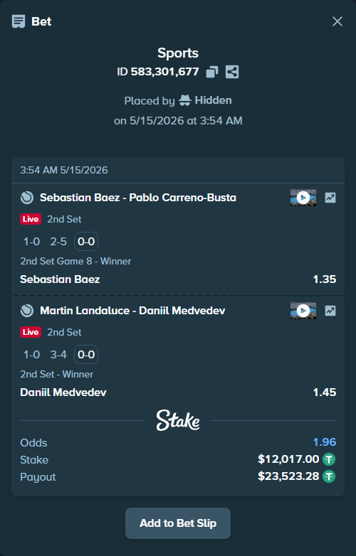 Bet slip: Sebastian Baez - Pablo Carreno-Busta, $12,017.00 stake at 1.35 odds, placed by Hidden