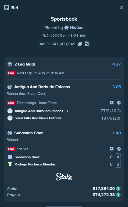 Bet slip: Sebastian Baez - Rodrigo Pacheco Mendez, $17,394.00 stake at 1.40 odds, placed by Hidden