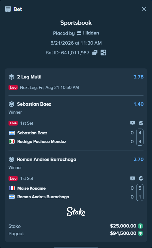 Bet slip: Sebastian Baez - Rodrigo Pacheco Mendez, $25,000.00 stake at 1.40 odds, placed by Hidden