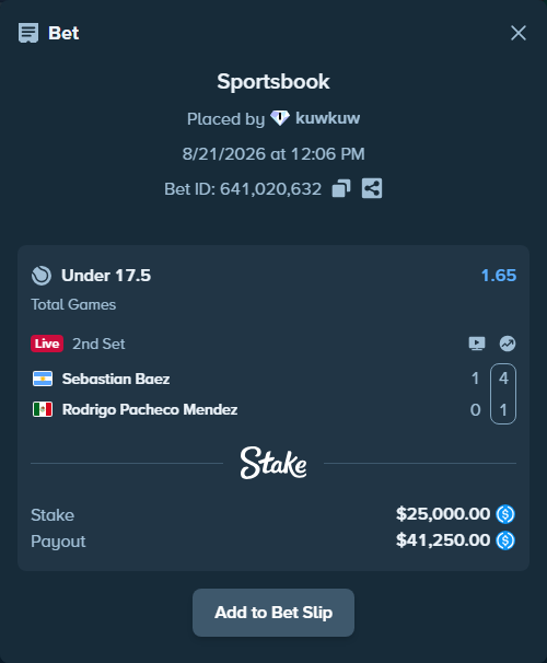 Bet slip: Sebastian Baez - Rodrigo Pacheco Mendez, $25,000.00 stake at 1.65 odds, placed by kuwkuw