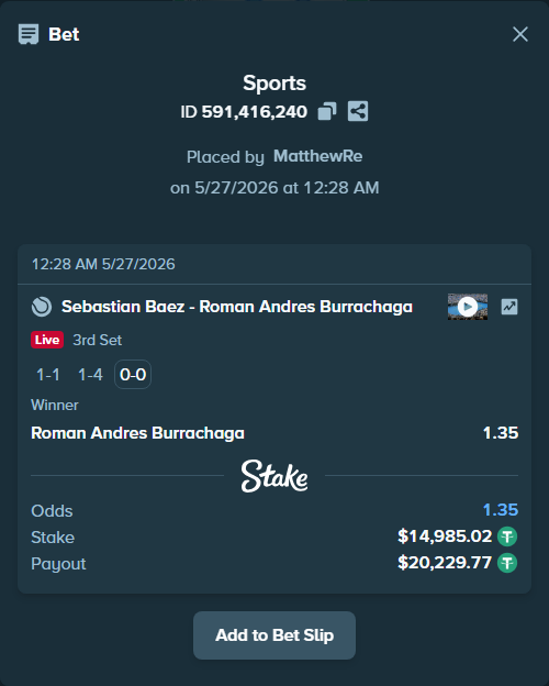 Bet slip: Sebastian Baez - Roman Andres Burrachaga, $15,000.00 stake at 1.35 odds, placed by MatthewRe