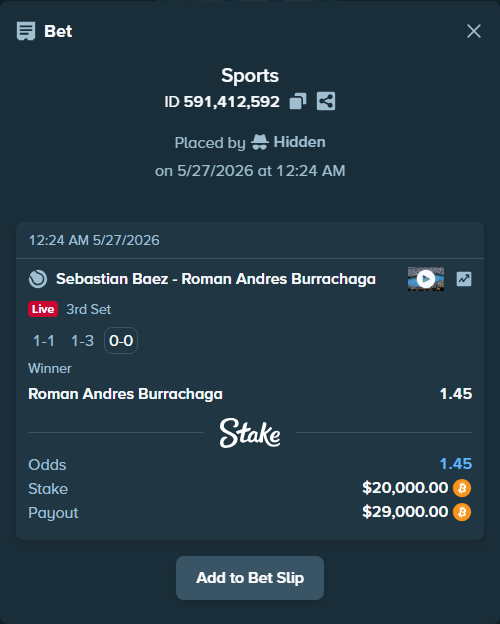 Bet slip: Sebastian Baez - Roman Andres Burrachaga, $16,751.53 stake at 1.45 odds, placed by Hidden
