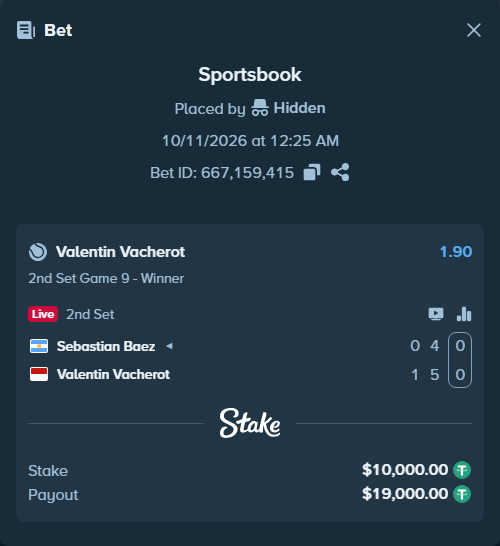 Bet slip: Sebastian Baez - Valentin Vacherot, $10,010.00 stake at 1.90 odds, placed by Hidden