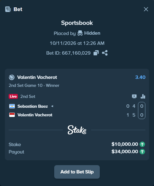 Bet slip: Sebastian Baez - Valentin Vacherot, $10,010.00 stake at 3.40 odds, placed by Hidden