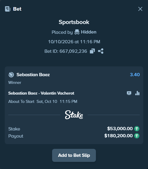 Bet slip: Sebastian Baez - Valentin Vacherot, $53,053.00 stake at 3.40 odds, placed by Hidden