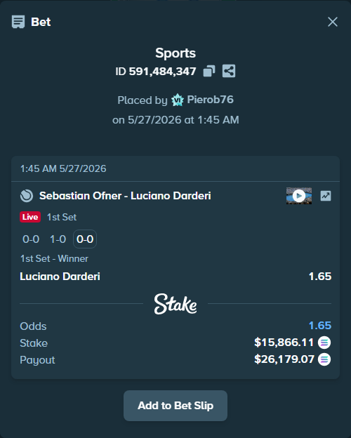 Bet slip: Sebastian Ofner - Luciano Darderi, $13,813.71 stake at 1.65 odds, placed by Pierob76