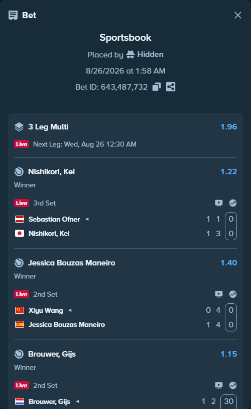 Bet slip: Sebastian Ofner - Nishikori, Kei, $10,000.00 stake at 1.22 odds, placed by Hidden