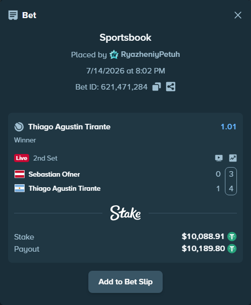 Bet slip: Sebastian Ofner - Thiago Agustin Tirante, $10,099.00 stake at 1.01 odds, placed by RyazheniyPetuh