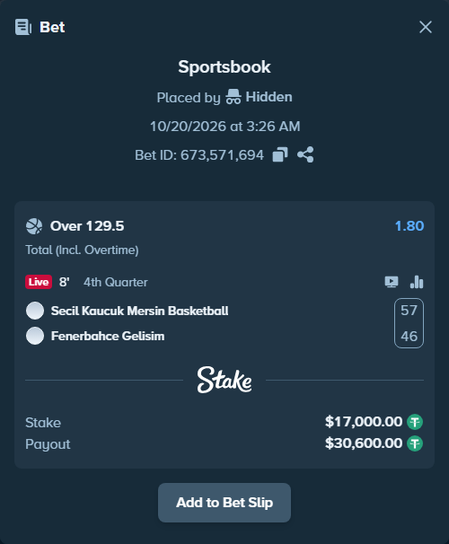 Bet slip: Secil Kaucuk Mersin Basketball - Fenerbahce Gelisim, $17,017.00 stake at 1.80 odds, placed by Kriski99