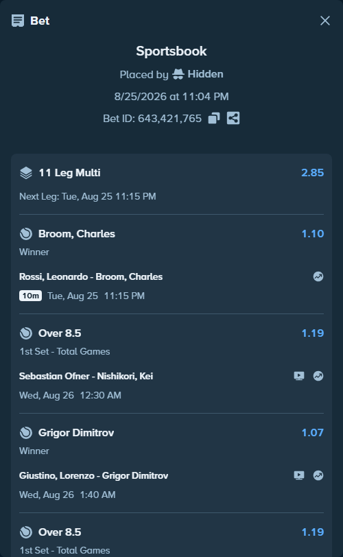 Bet slip: Secord, Jack - Tristan Schoolkate, $100,000.00 stake at 1.05 odds, placed by Hidden