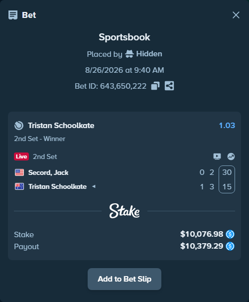 Bet slip: Secord, Jack - Tristan Schoolkate, $10,076.98 stake at 1.03 odds, placed by Hidden
