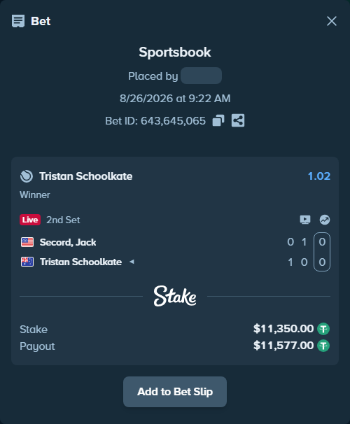 Bet slip: Secord, Jack - Tristan Schoolkate, $11,350.00 stake at 1.02 odds, placed by PimpoTheGreat