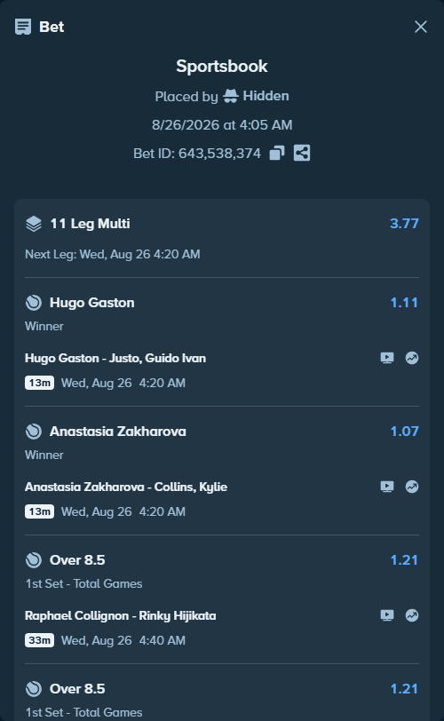 Bet slip: Secord, Jack - Tristan Schoolkate, $125,000.00 stake at 1.05 odds, placed by Hidden