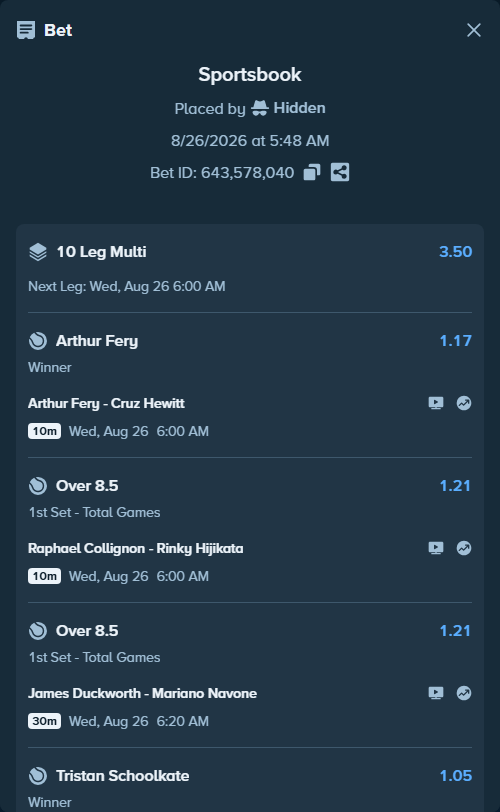 Bet slip: Secord, Jack - Tristan Schoolkate, $125,000.00 stake at 1.05 odds, placed by Hidden