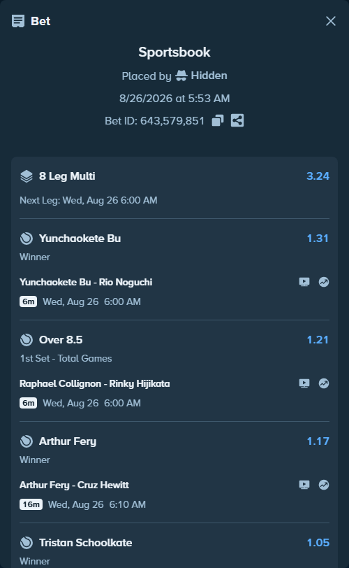 Bet slip: Secord, Jack - Tristan Schoolkate, $24,456.71 stake at 1.05 odds, placed by Hidden