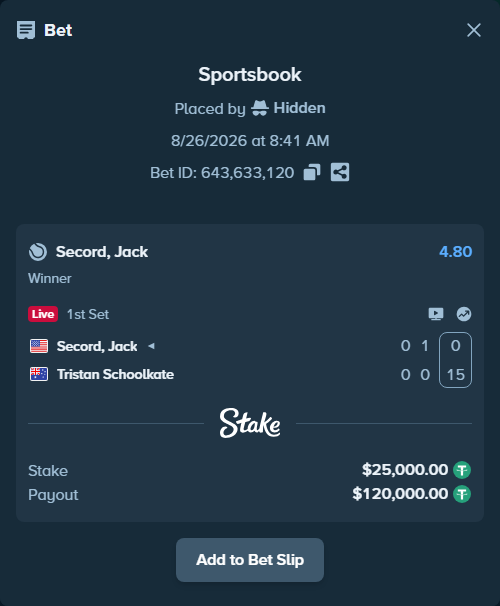 Bet slip: Secord, Jack - Tristan Schoolkate, $25,000.00 stake at 4.80 odds, placed by Hidden