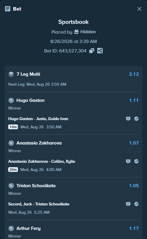 Bet slip: Secord, Jack - Tristan Schoolkate, $56,397.79 stake at 1.05 odds, placed by Hidden