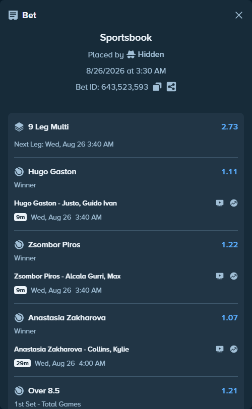 Bet slip: Secord, Jack - Tristan Schoolkate, $75,000.00 stake at 1.05 odds, placed by Hidden