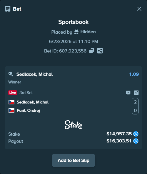 Bet slip: Sedlacek, Michael - Paril, Ondrej, $14,957.35 stake at 1.09 odds, placed by Hidden
