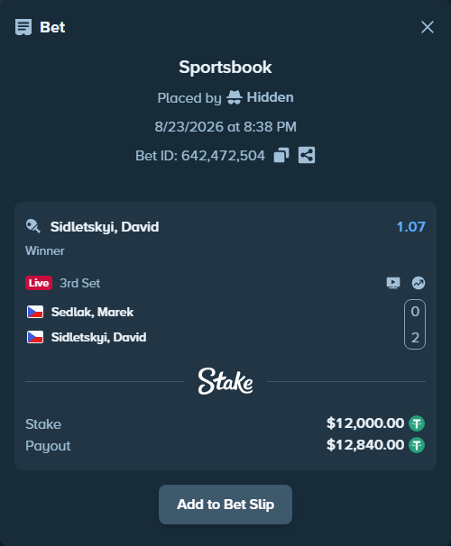 Bet slip: Sedlak, Marek - Sidletskyi, David, $12,000.00 stake at 1.07 odds, placed by Hidden