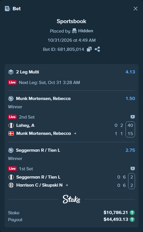 Bet slip: Seggerman R / Tien L - Harrison C / Skupski N, $10,797.00 stake at 2.75 odds, placed by Hidden