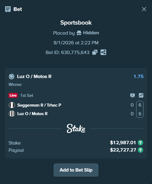Bet slip: Seggerman R / Trhac P - Luz O / Matos R, $13,000.00 stake at 1.75 odds, placed by Hidden