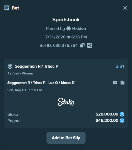Bet slip: Seggerman R / Trhac P - Luz O / Matos R, $20,000.00 stake at 2.31 odds, placed by Hidden
