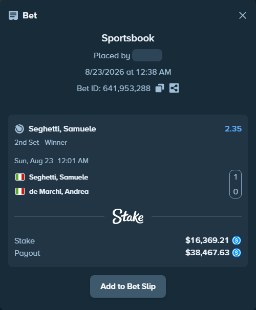 Bet slip: Seghetti, Samuele - de Marchi, Andrea, $16,369.21 stake at 2.35 odds, placed by kuwkuw
