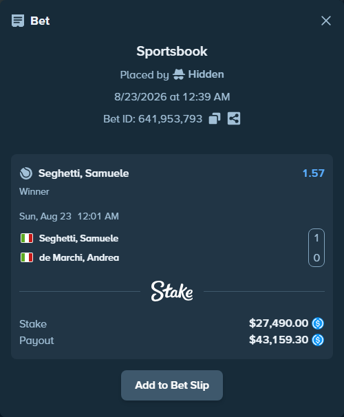 Bet slip: Seghetti, Samuele - de Marchi, Andrea, $27,490.00 stake at 1.57 odds, placed by kuwkuw