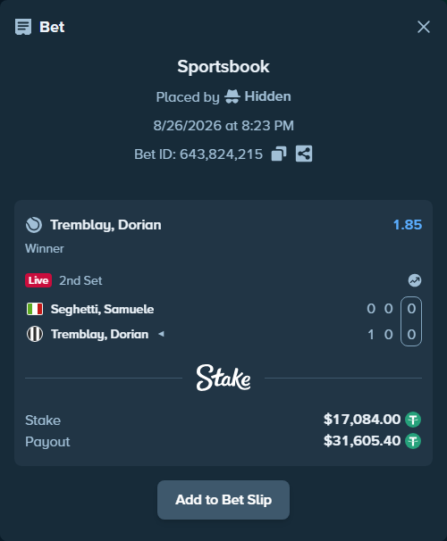 Bet slip: Seghetti, Samuele - Tremblay, Dorian, $17,084.00 stake at 1.85 odds, placed by Hidden