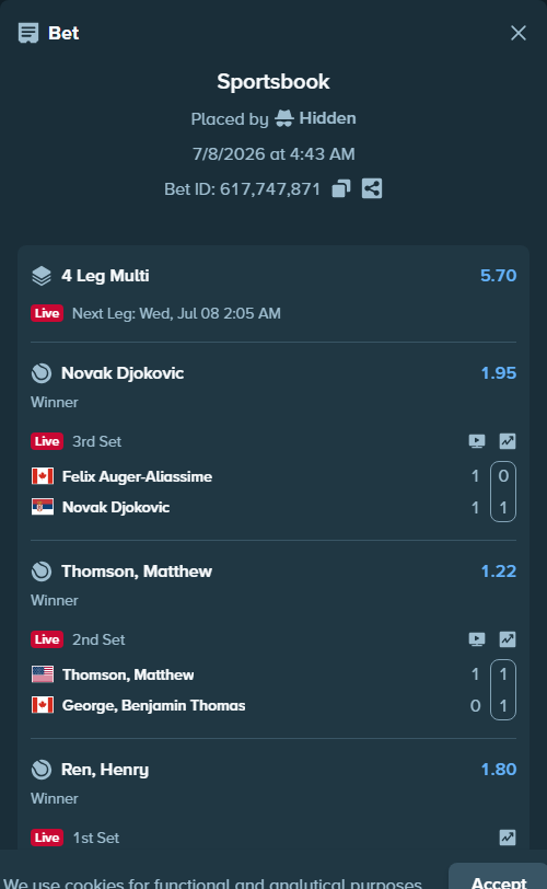 Bet slip: Seidman, Lev - Ren, Henry, $10,000.00 stake at 1.80 odds, placed by Hidden