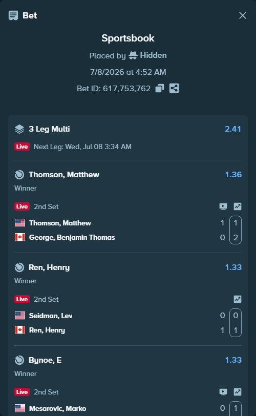 Bet slip: Seidman, Lev - Ren, Henry, $20,000.00 stake at 1.33 odds, placed by Hidden
