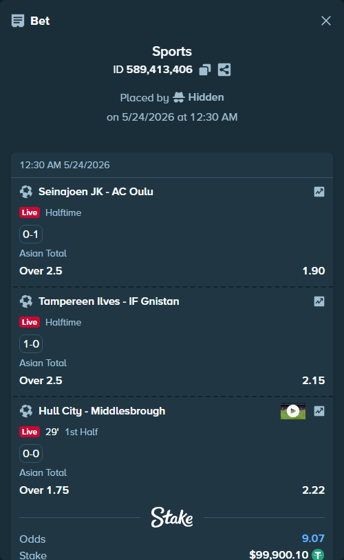 Bet slip: Seinajoen JK - AC Oulu, $100,000.00 stake at 1.90 odds, placed by Hidden