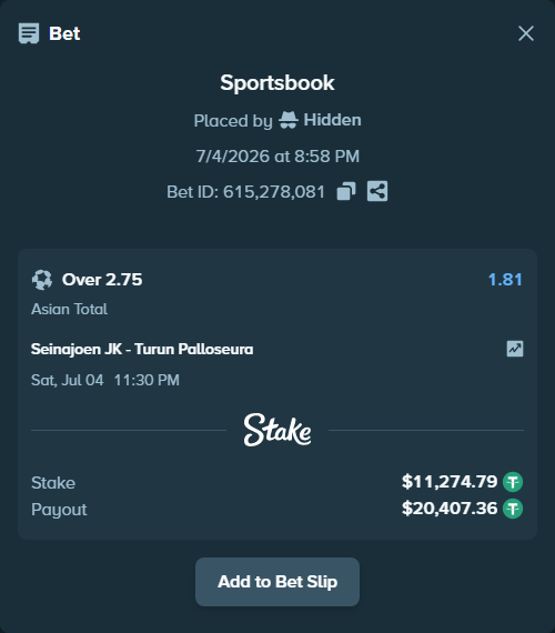Bet slip: Seinajoen JK - Turun Palloseura, $11,286.06 stake at 1.81 odds, placed by Hidden