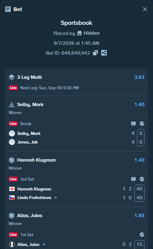 Bet slip: Selby, Mark - Jones, Jak, $15,000.00 stake at 1.40 odds, placed by Hidden