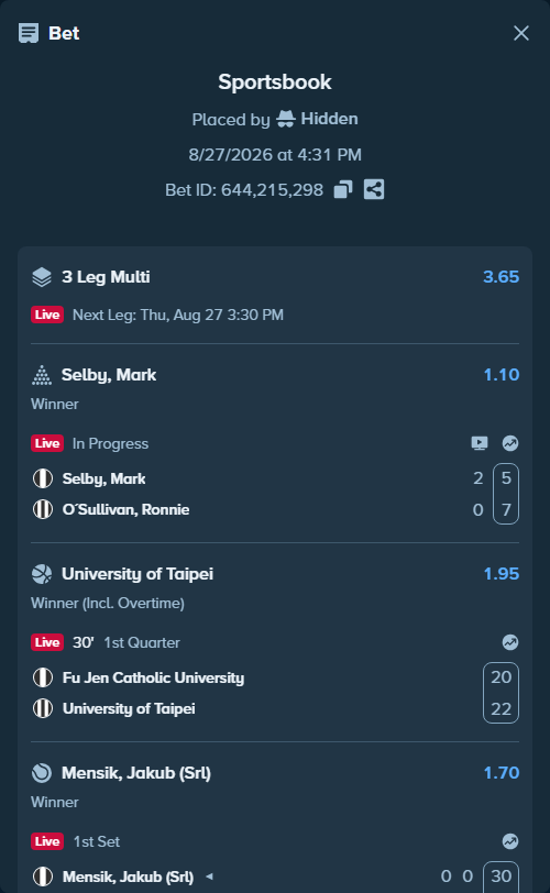 Bet slip: Selby, Mark - O´Sullivan, Ronnie, $20,000.00 stake at 1.10 odds, placed by Hidden